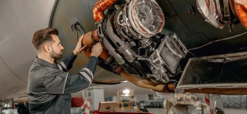 persona arreglando motor de un avión
